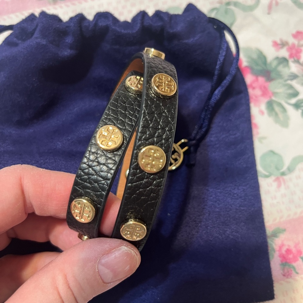 Tory Burch Black Leather wrap Bracelet with Gold Accents and pouch